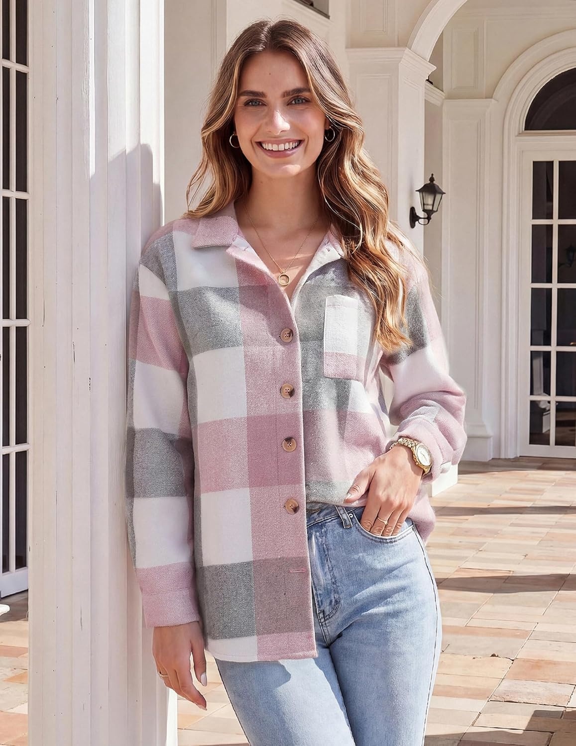image:imageZeagoo Women Flannel Shacket Jacket Plaid Button Down Long Sleeve ShirtPink Greygz695