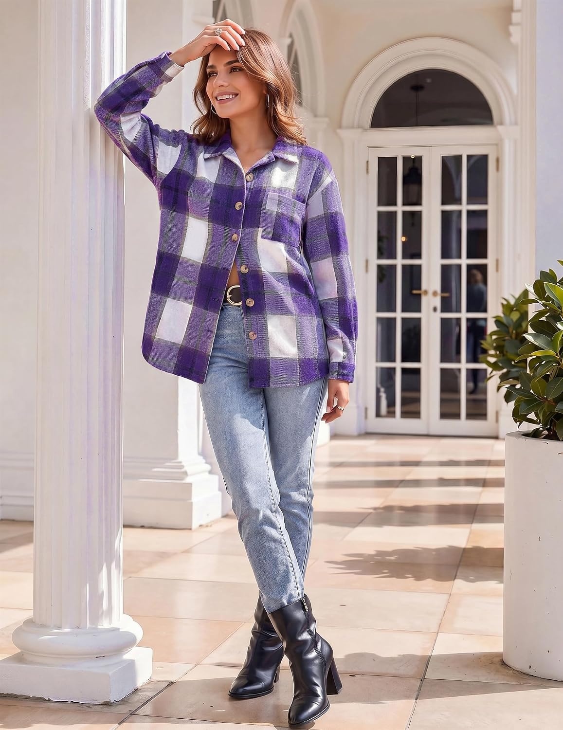 image:imageZeagoo Women Flannel Shacket Jacket Plaid Button Down Long Sleeve ShirtPurplegz680