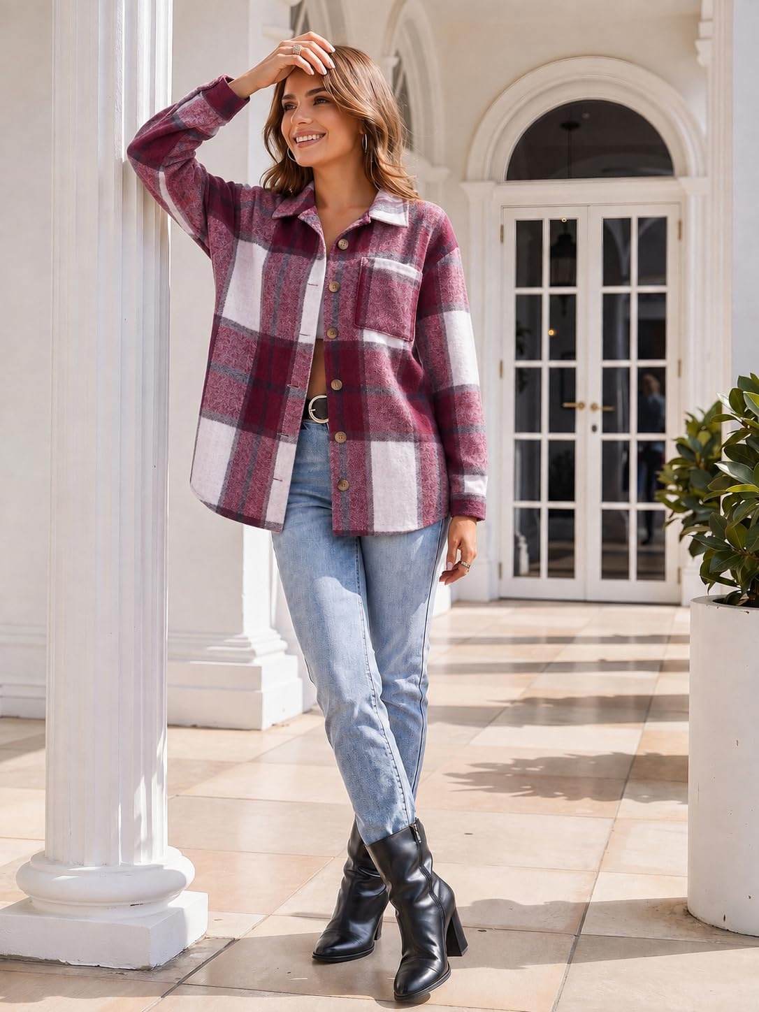 image:imageZeagoo Women Flannel Shacket Jacket Plaid Button Down Long Sleeve ShirtRed Plaidgz543