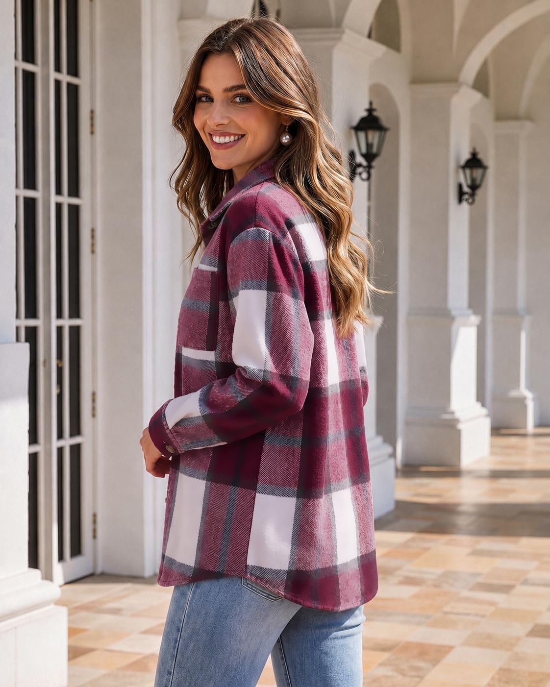 image:imageZeagoo Women Flannel Shacket Jacket Plaid Button Down Long Sleeve ShirtRed Plaidgz543