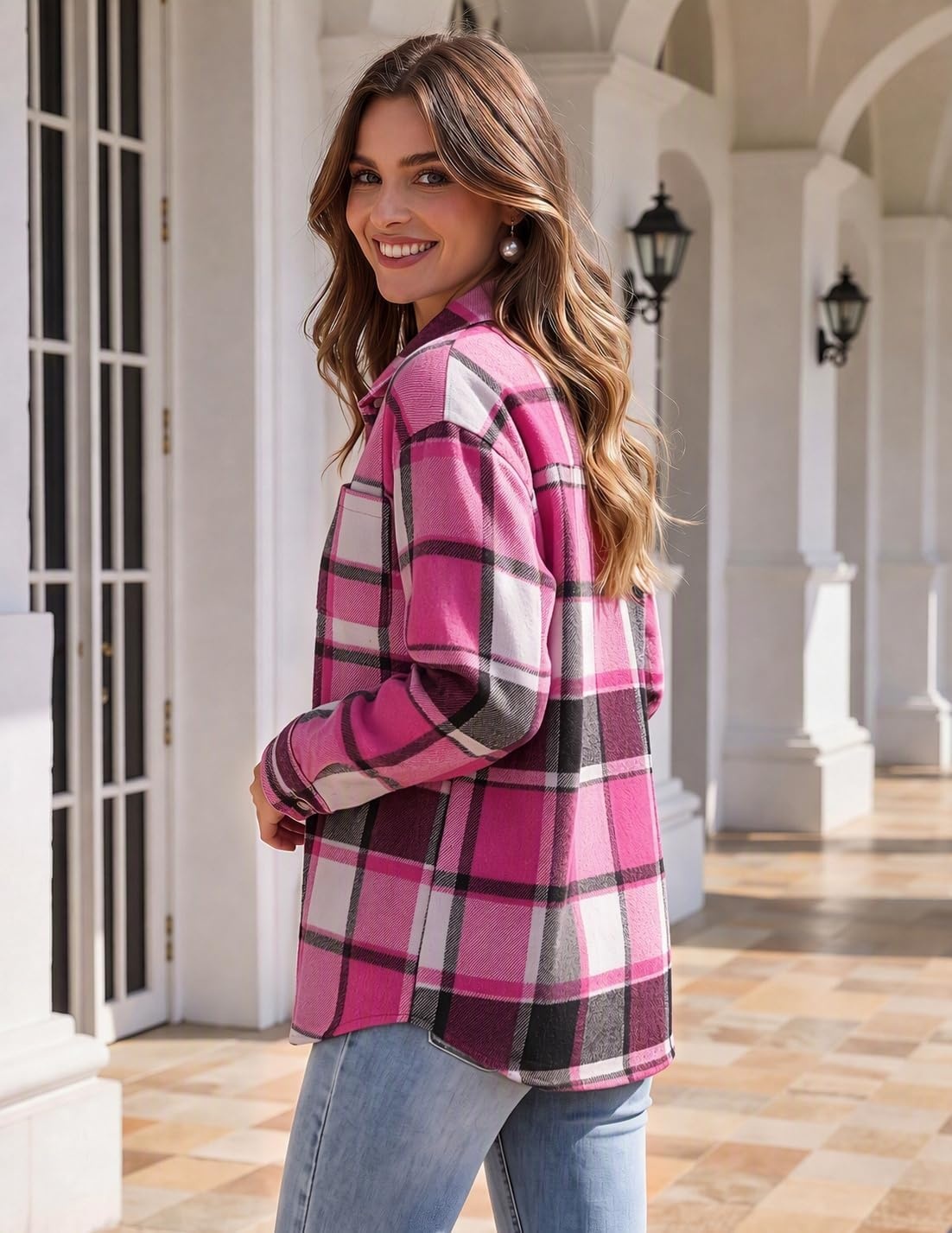 image:imageZeagoo Women Flannel Shacket Jacket Plaid Button Down Long Sleeve ShirtRose Redgw44