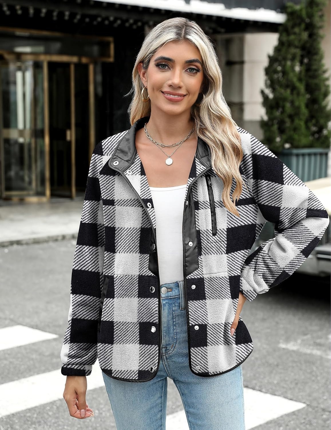 image:imageZeagoo Women Fleece Jacket Western Aztec Print Snap Button Down OuterwearBlack and White
