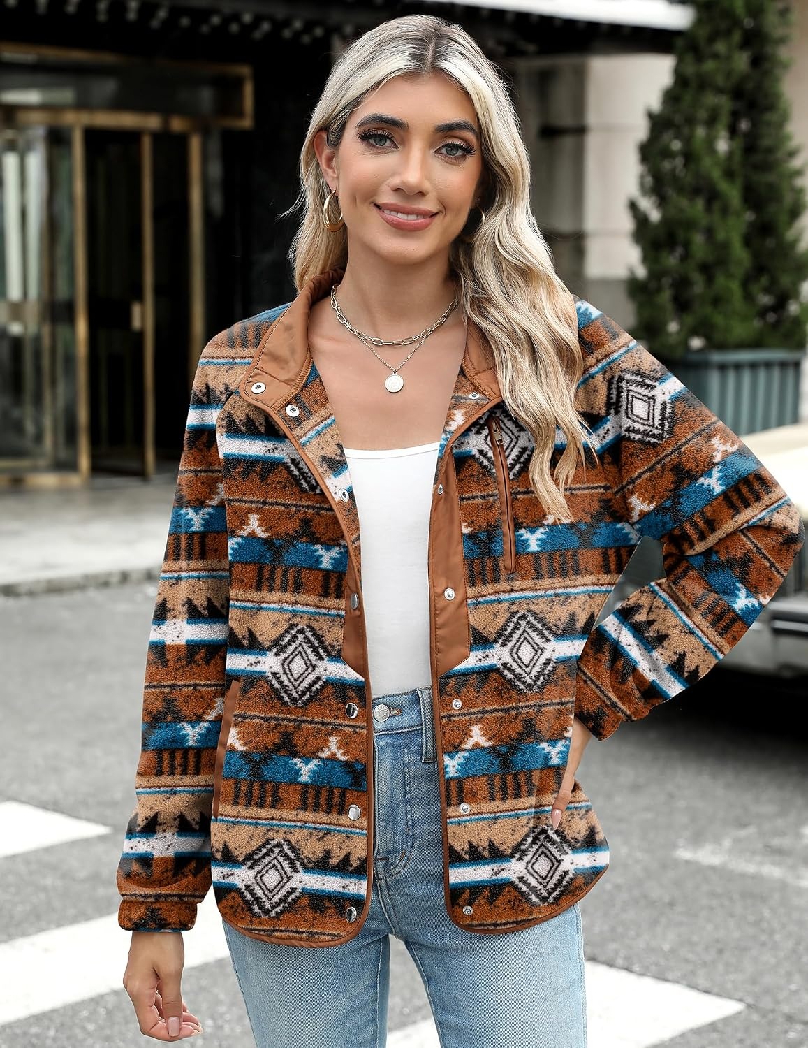 image:imageZeagoo Women Fleece Jacket Western Aztec Print Snap Button Down OuterwearDark Brown