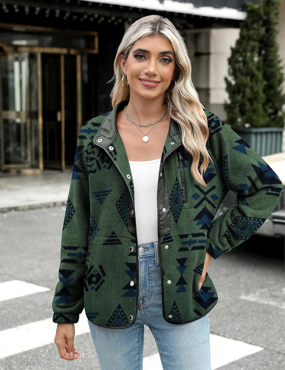 image:imageZeagoo Women Fleece Jacket Western Aztec Print Snap Button Down OuterwearDark Green