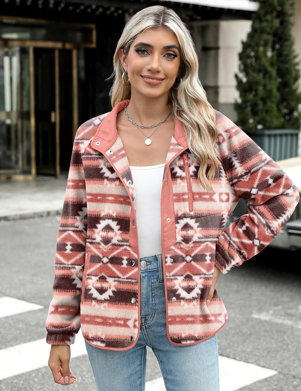 image:imageZeagoo Women Fleece Jacket Western Aztec Print Snap Button Down OuterwearPink