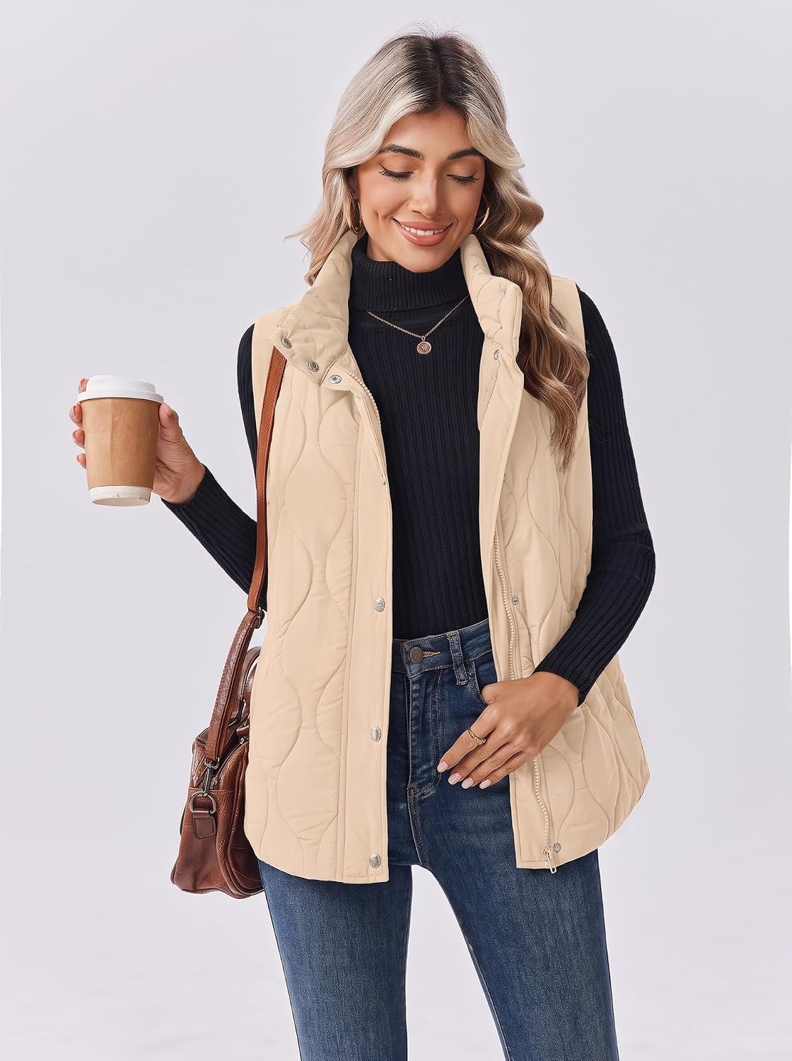 image:imageZeagoo Women Oversized Puffer Vest Stand Collar Zip Up Sleeveless OuterwearBeige