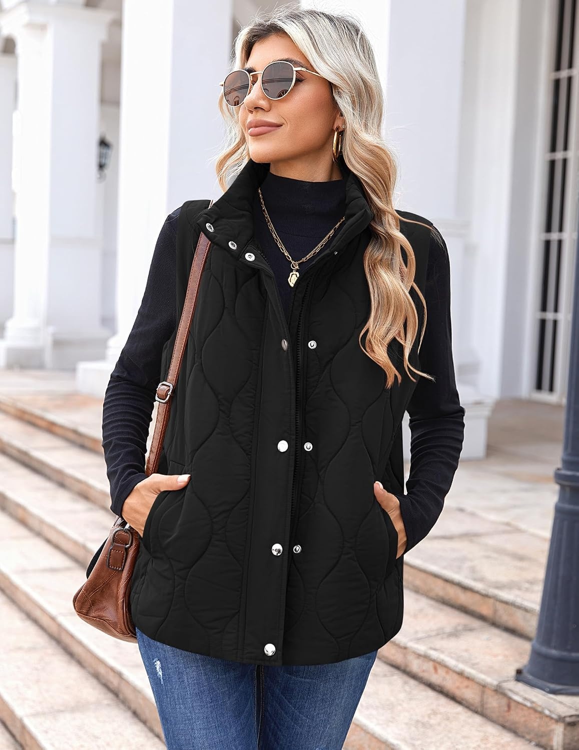 image:imageZeagoo Women Oversized Puffer Vest Stand Collar Zip Up Sleeveless OuterwearBlack