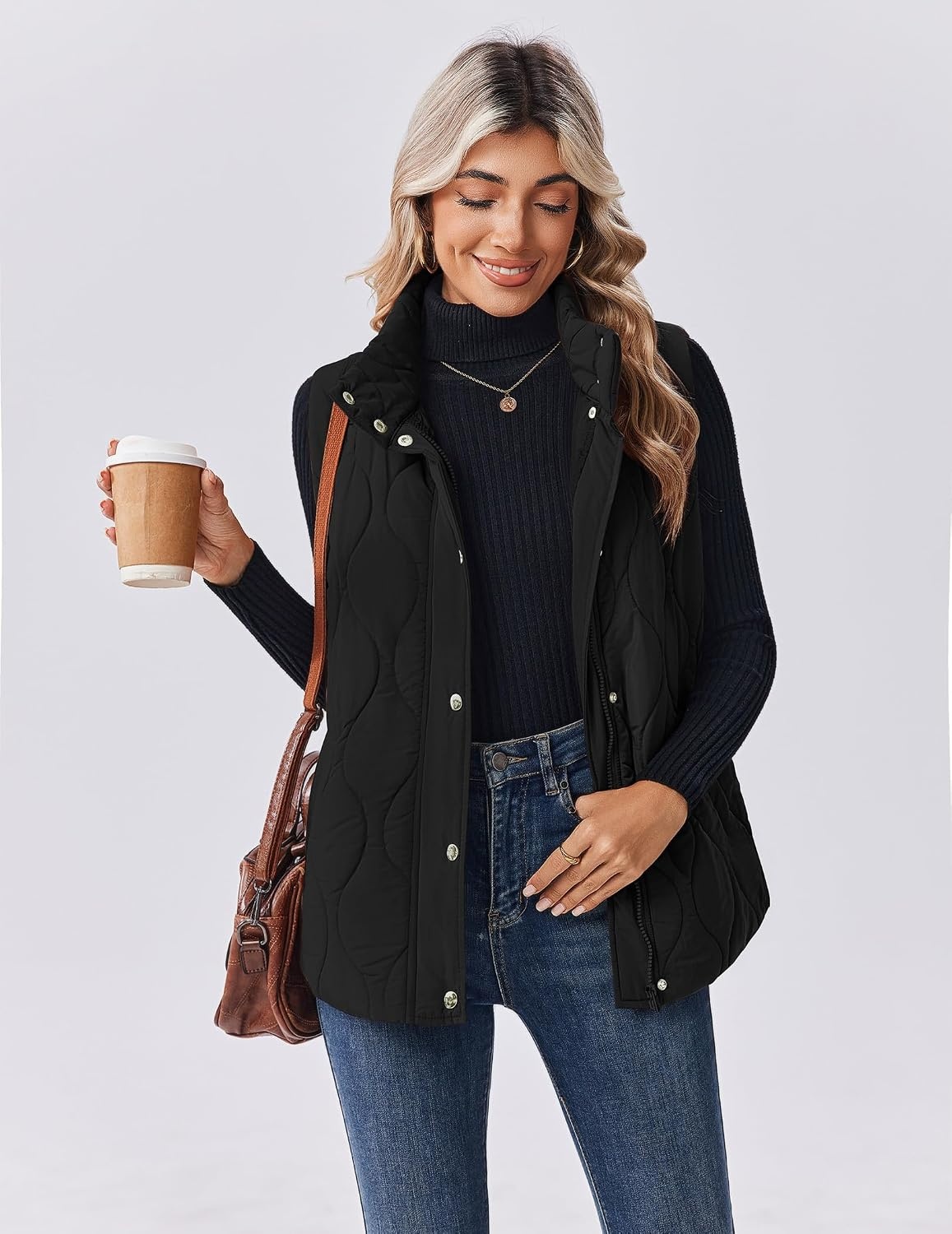image:imageZeagoo Women Oversized Puffer Vest Stand Collar Zip Up Sleeveless OuterwearBlack