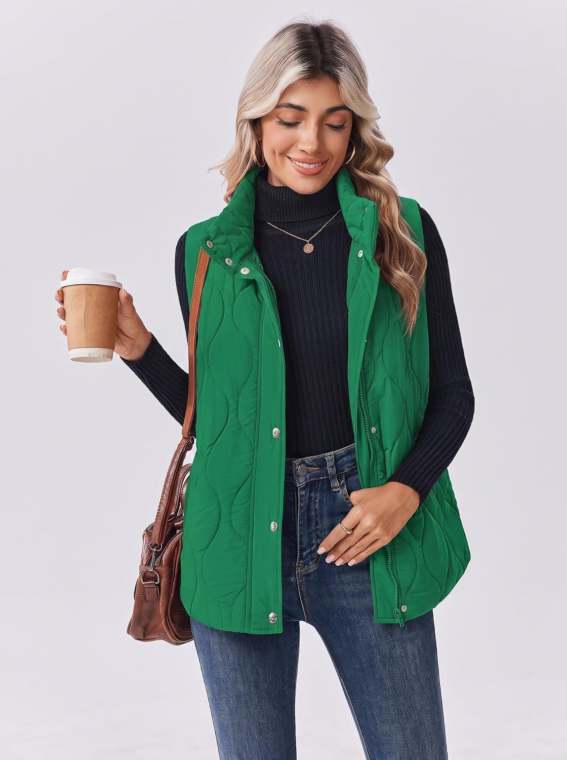 image:imageZeagoo Women Oversized Puffer Vest Stand Collar Zip Up Sleeveless OuterwearBright Green