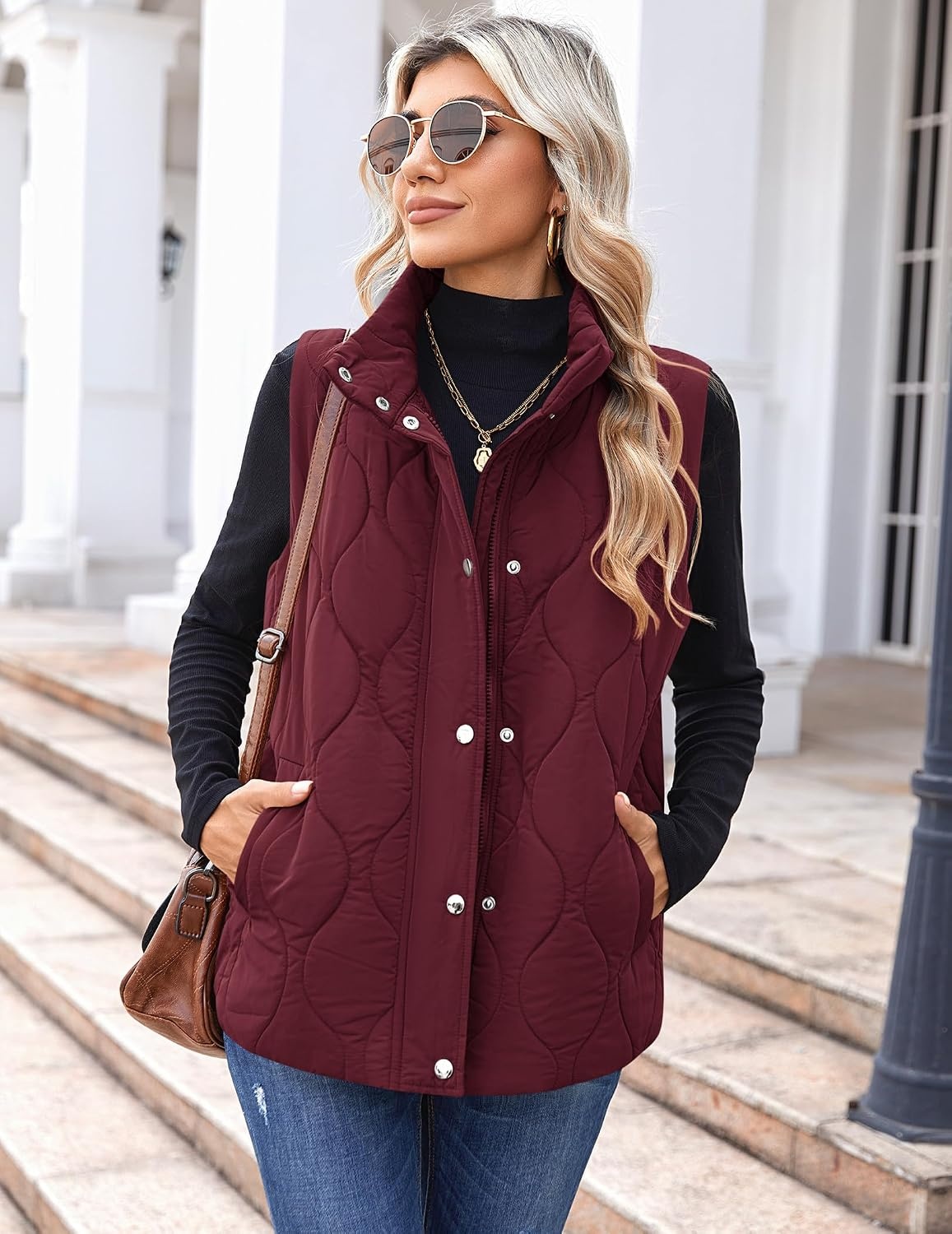image:imageZeagoo Women Oversized Puffer Vest Stand Collar Zip Up Sleeveless OuterwearBurgundy