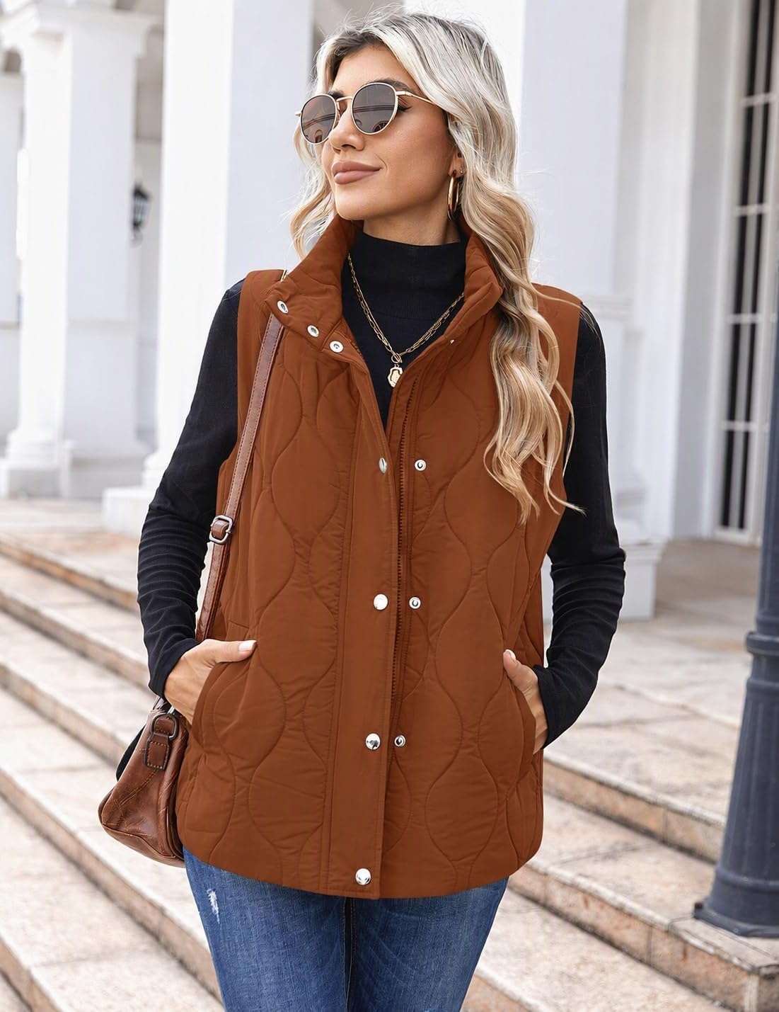 image:imageZeagoo Women Oversized Puffer Vest Stand Collar Zip Up Sleeveless OuterwearCamel