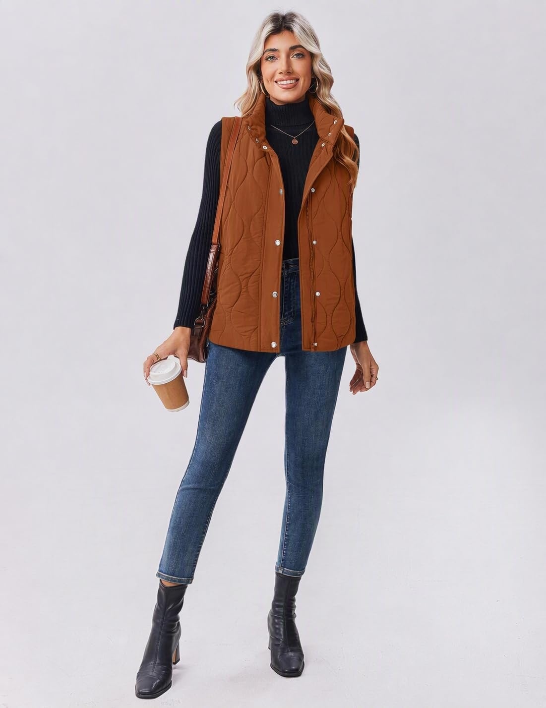 image:imageZeagoo Women Oversized Puffer Vest Stand Collar Zip Up Sleeveless OuterwearCamel