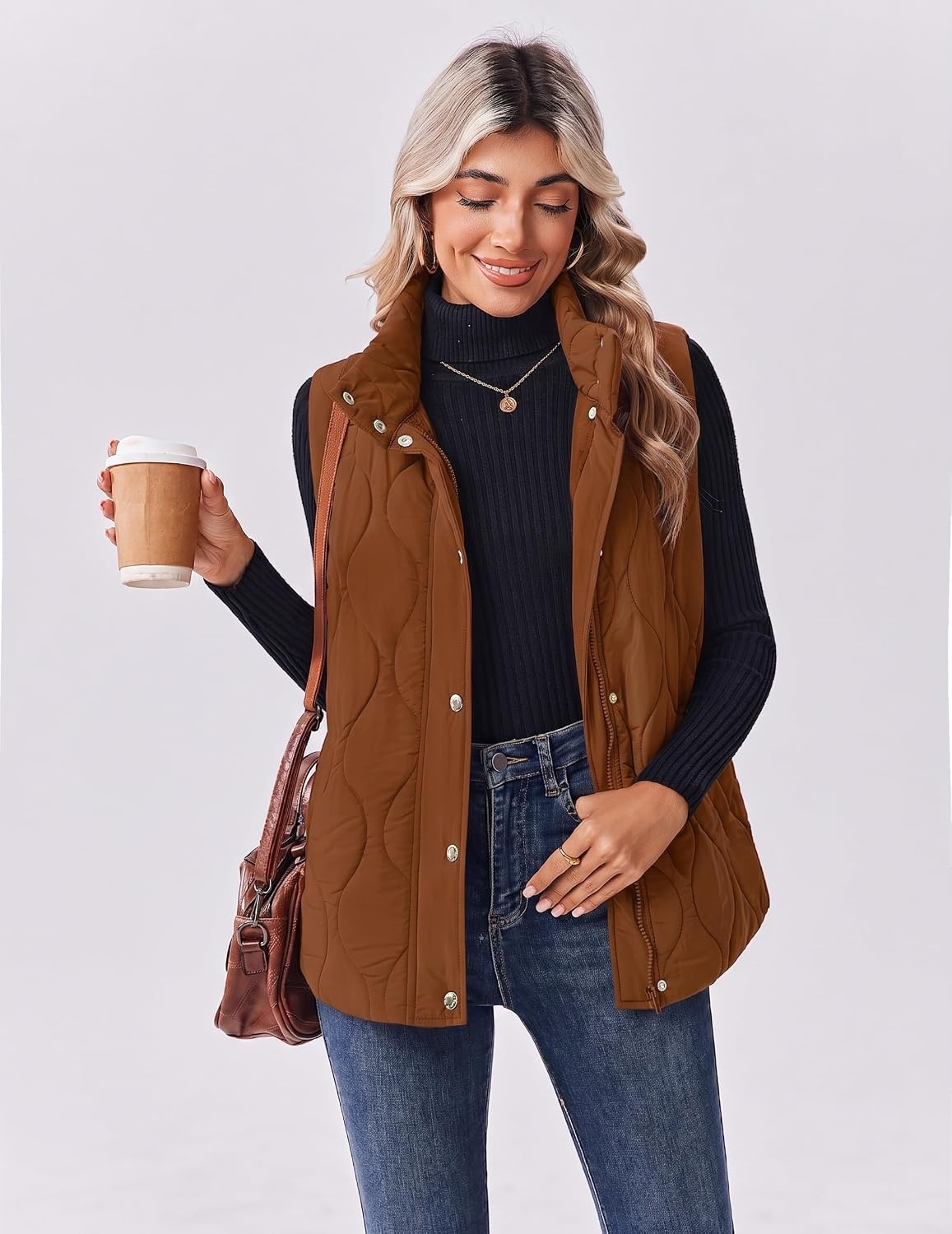 image:imageZeagoo Women Oversized Puffer Vest Stand Collar Zip Up Sleeveless OuterwearCamel