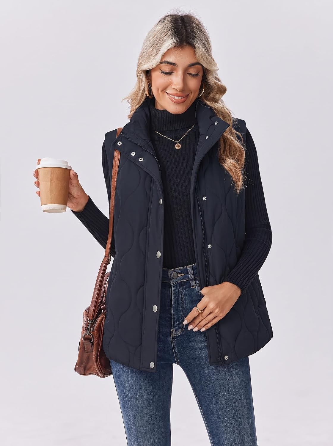 image:imageZeagoo Women Oversized Puffer Vest Stand Collar Zip Up Sleeveless OuterwearDark Blue