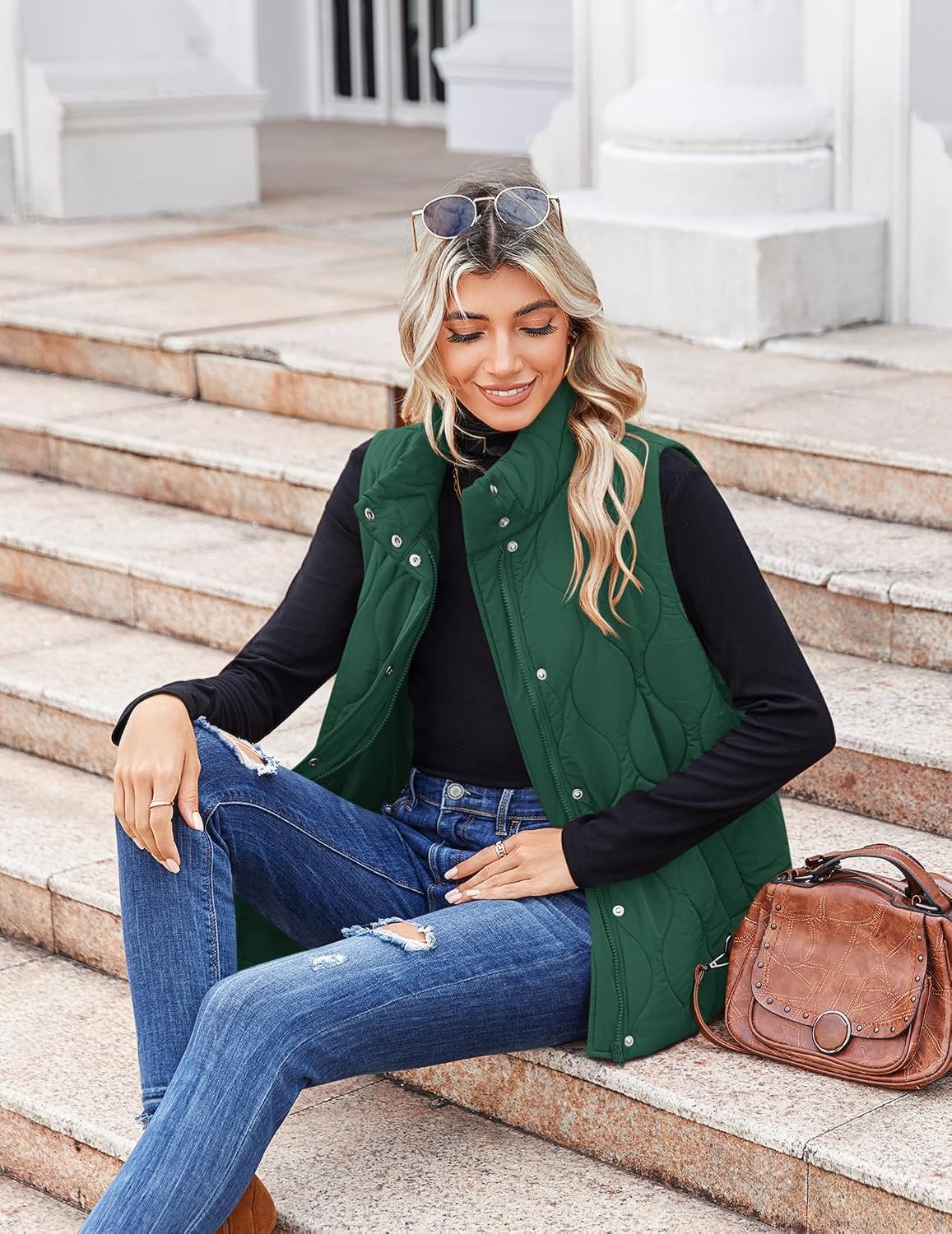 image:imageZeagoo Women Oversized Puffer Vest Stand Collar Zip Up Sleeveless OuterwearGreen
