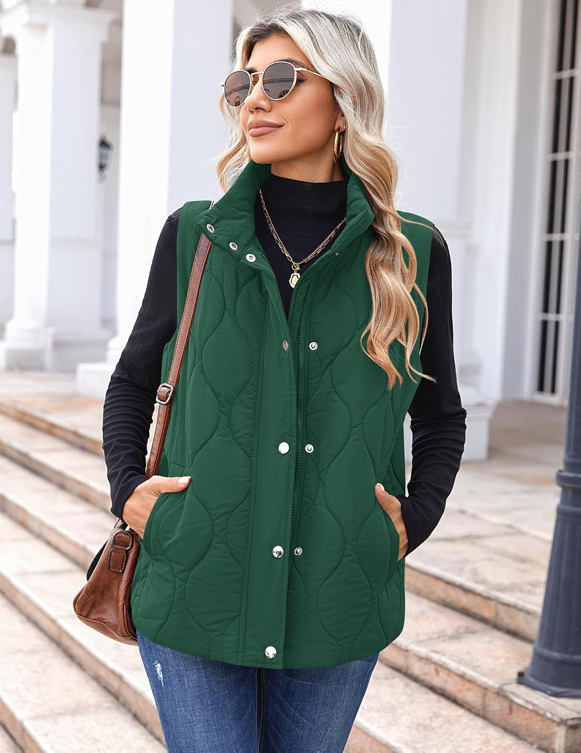 image:imageZeagoo Women Oversized Puffer Vest Stand Collar Zip Up Sleeveless OuterwearGreen
