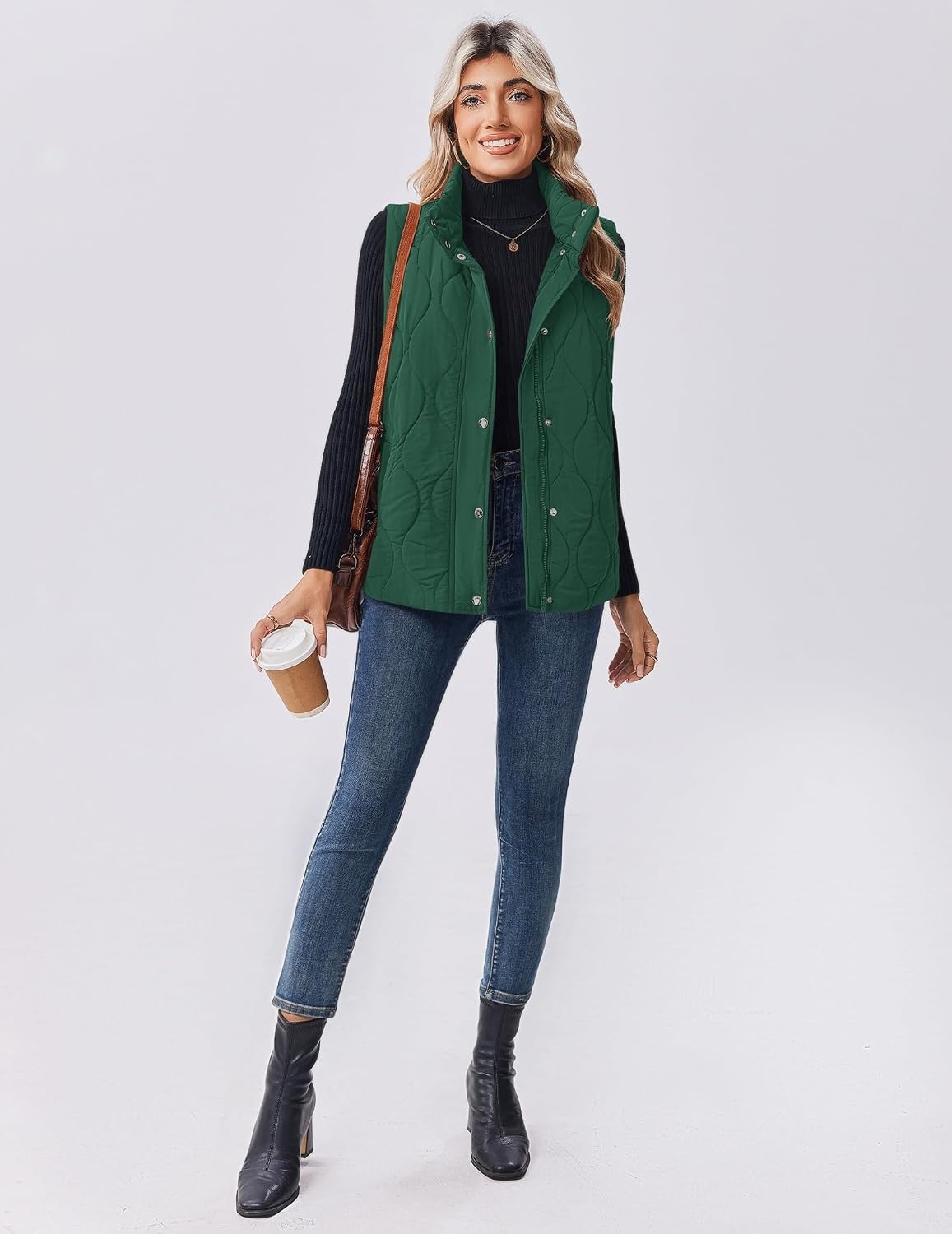 image:imageZeagoo Women Oversized Puffer Vest Stand Collar Zip Up Sleeveless OuterwearGreen