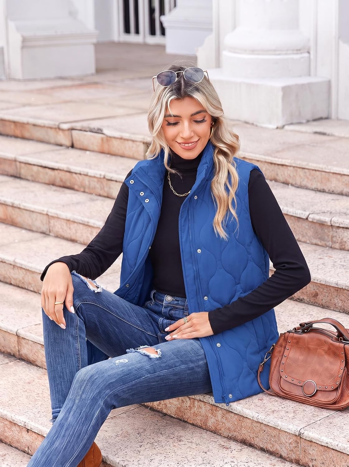 image:imageZeagoo Women Oversized Puffer Vest Stand Collar Zip Up Sleeveless OuterwearSky Blue