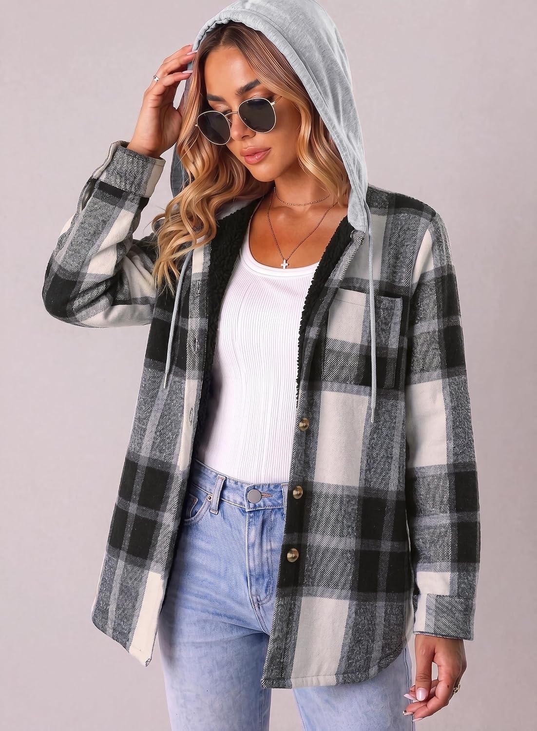 image:imageZeagoo Women Plaid Shacket Fleece Hooded Winter Coat Warm JacketsBlack