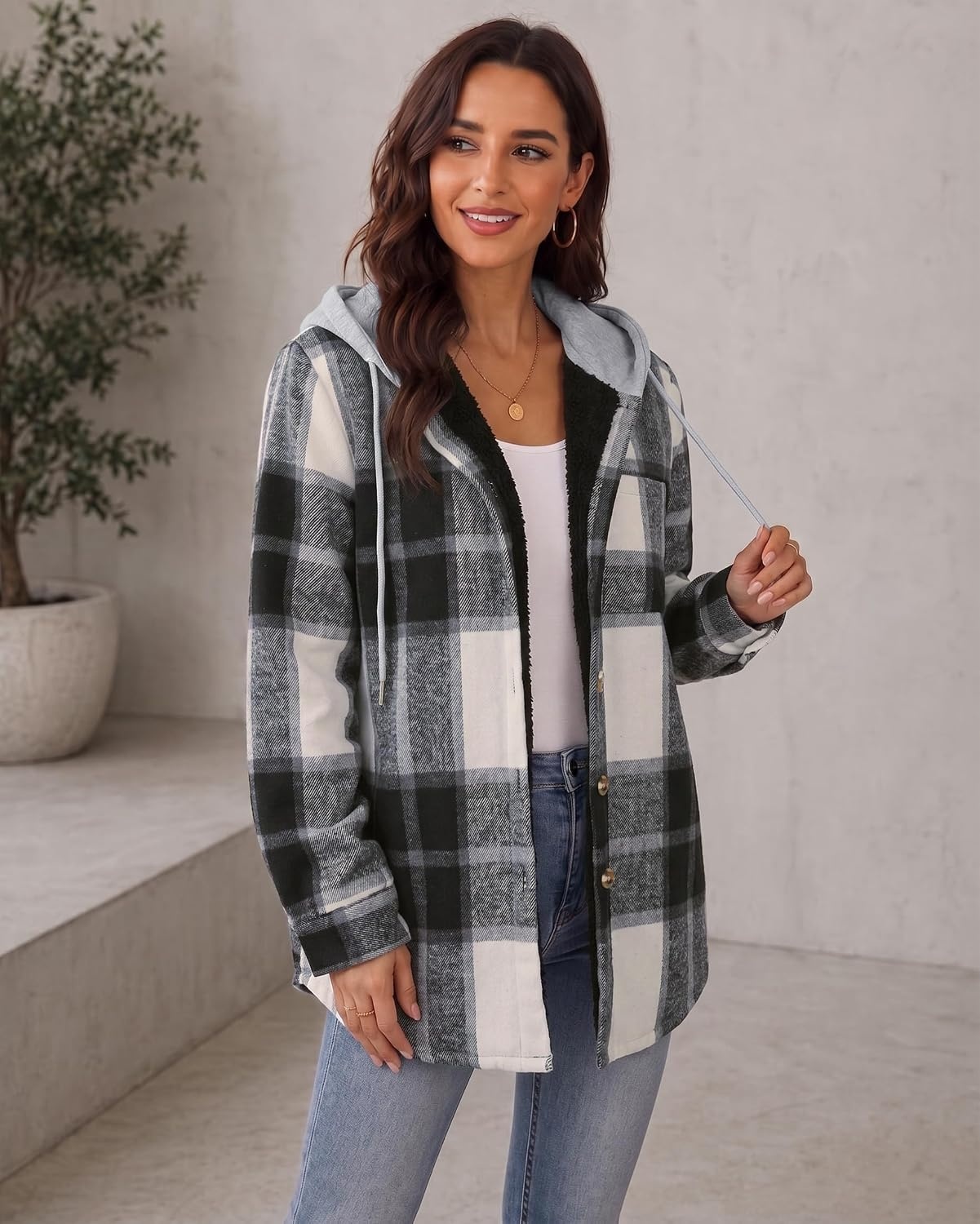 image:imageZeagoo Women Plaid Shacket Fleece Hooded Winter Coat Warm JacketsBlack
