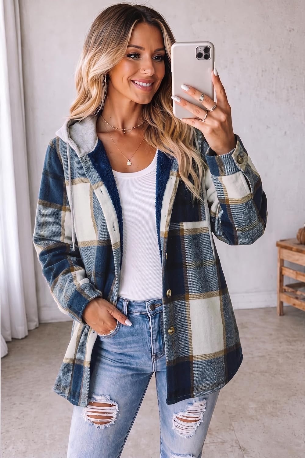 image:imageZeagoo Women Plaid Shacket Fleece Hooded Winter Coat Warm JacketsBlue