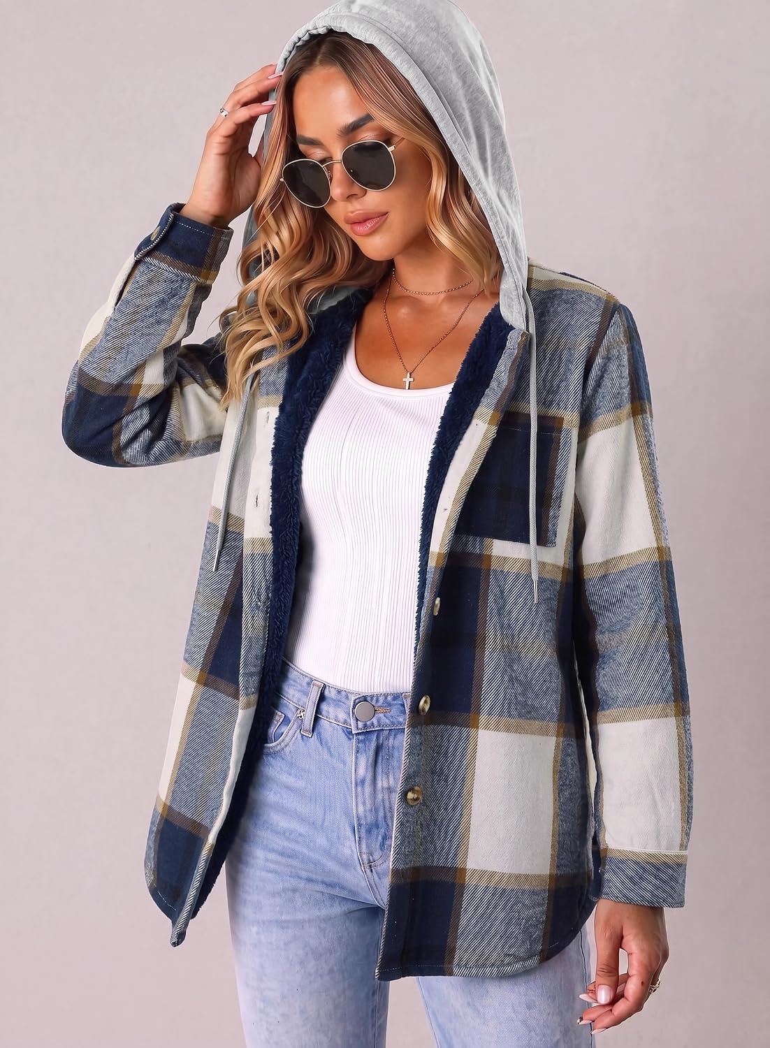 image:imageZeagoo Women Plaid Shacket Fleece Hooded Winter Coat Warm JacketsBlue