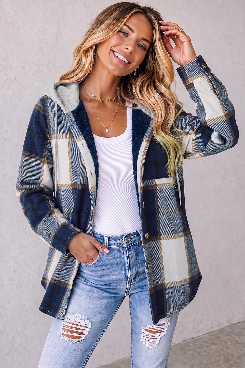 image:imageZeagoo Women Plaid Shacket Fleece Hooded Winter Coat Warm JacketsBlue