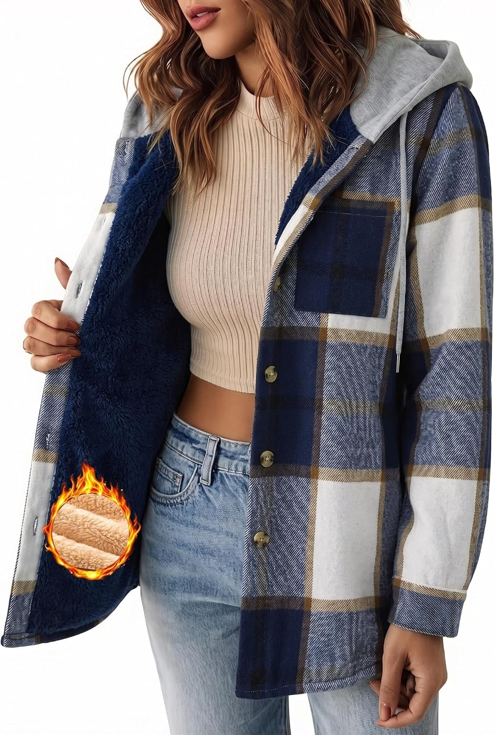 image:imageZeagoo Women Plaid Shacket Fleece Hooded Winter Coat Warm JacketsBlue