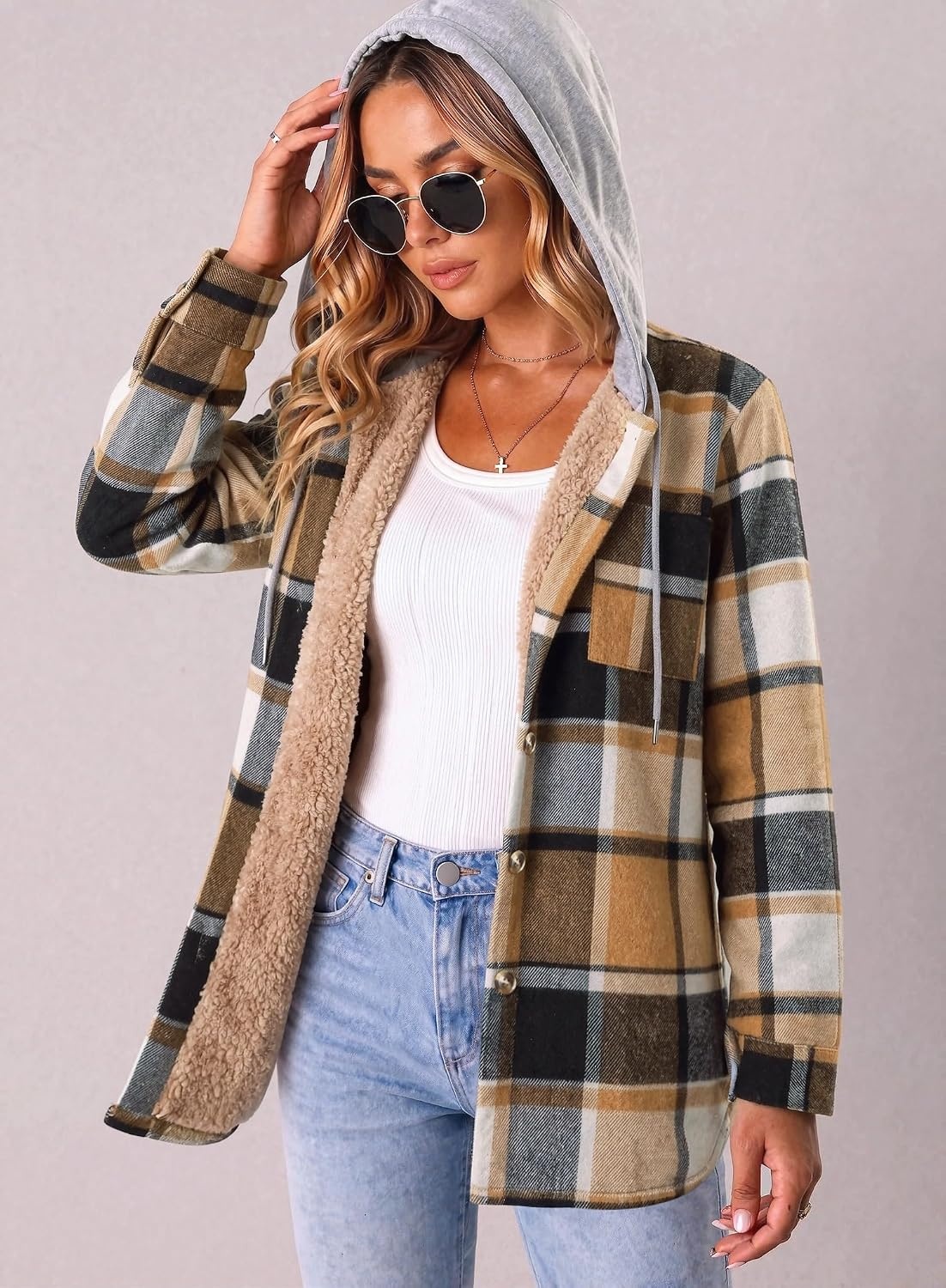 image:imageZeagoo Women Plaid Shacket Fleece Hooded Winter Coat Warm JacketsCoffee