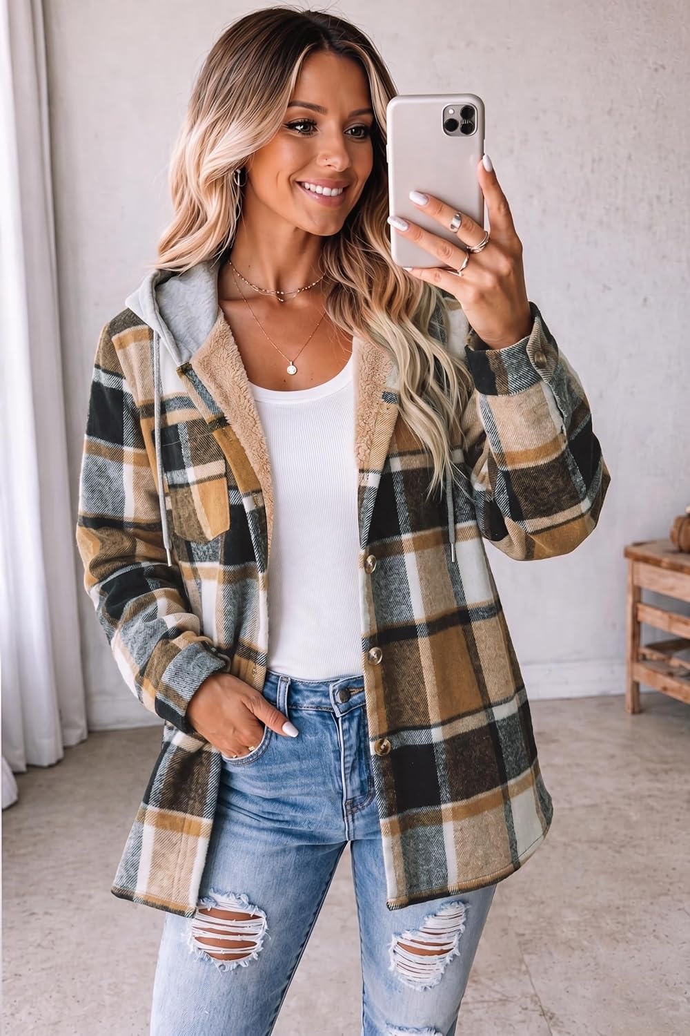 image:imageZeagoo Women Plaid Shacket Fleece Hooded Winter Coat Warm JacketsCoffee