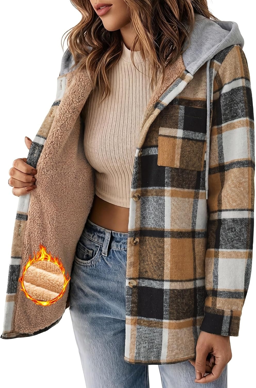 image:imageZeagoo Women Plaid Shacket Fleece Hooded Winter Coat Warm JacketsCoffee