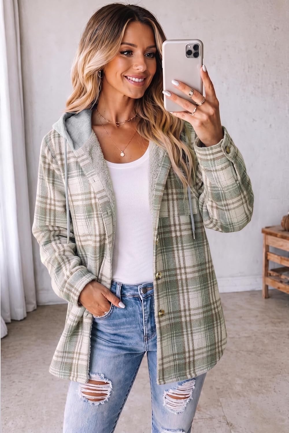 image:imageZeagoo Women Plaid Shacket Fleece Hooded Winter Coat Warm JacketsGrey