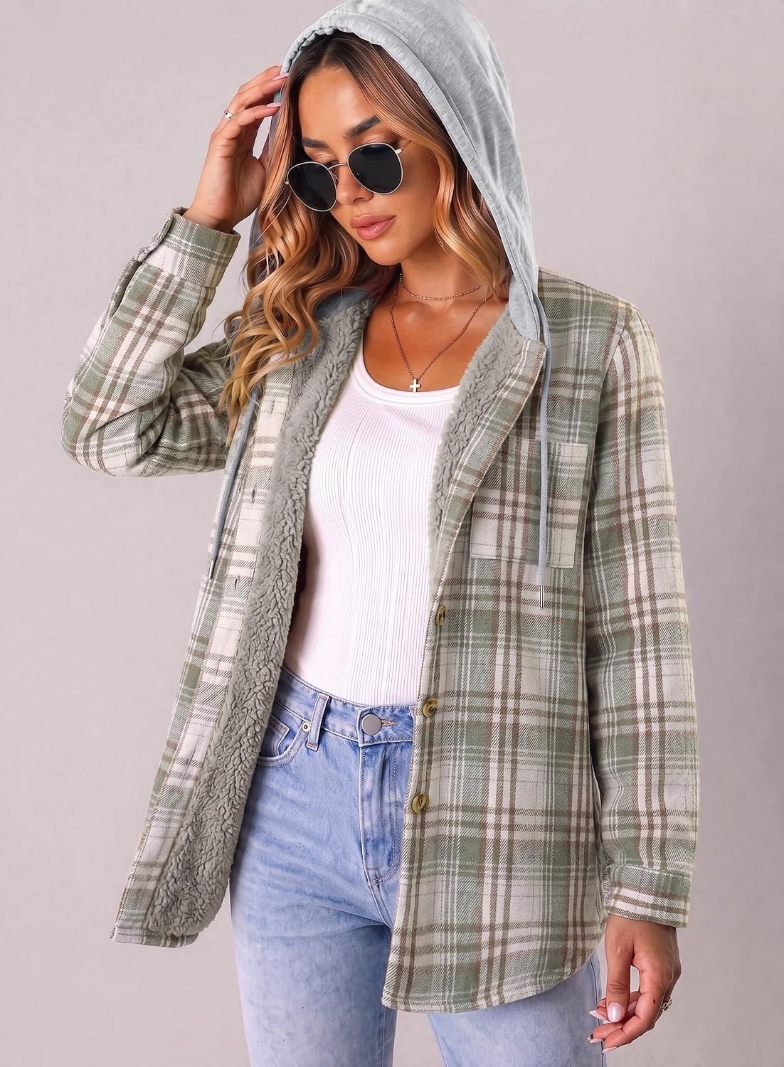 image:imageZeagoo Women Plaid Shacket Fleece Hooded Winter Coat Warm JacketsGrey