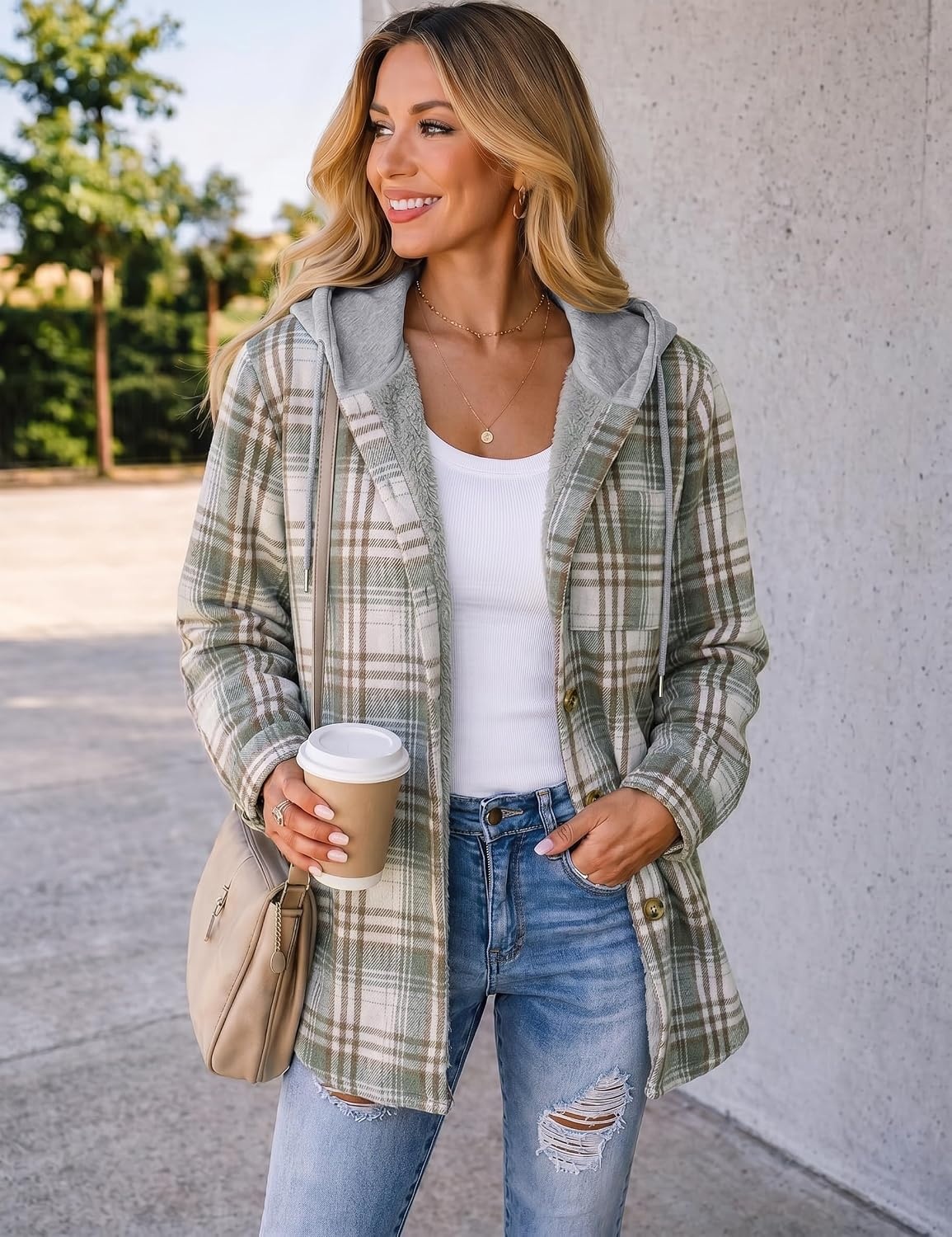 image:imageZeagoo Women Plaid Shacket Fleece Hooded Winter Coat Warm JacketsGrey