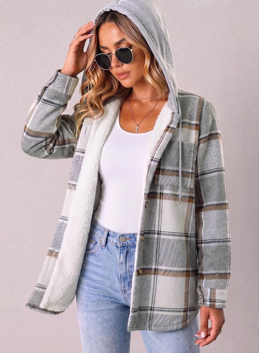 image:imageZeagoo Women Plaid Shacket Fleece Hooded Winter Coat Warm JacketsGrey02