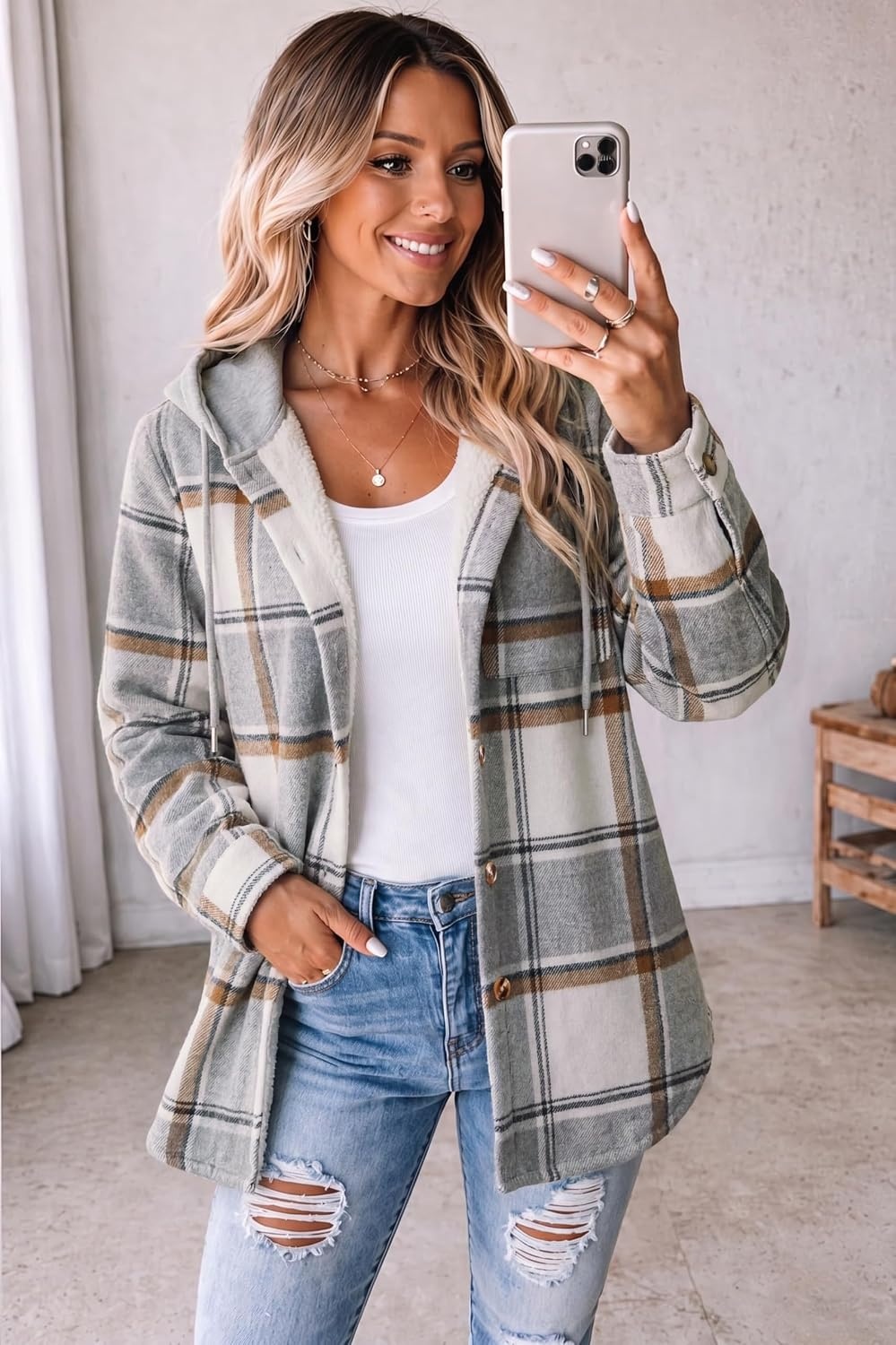 image:imageZeagoo Women Plaid Shacket Fleece Hooded Winter Coat Warm JacketsGrey02