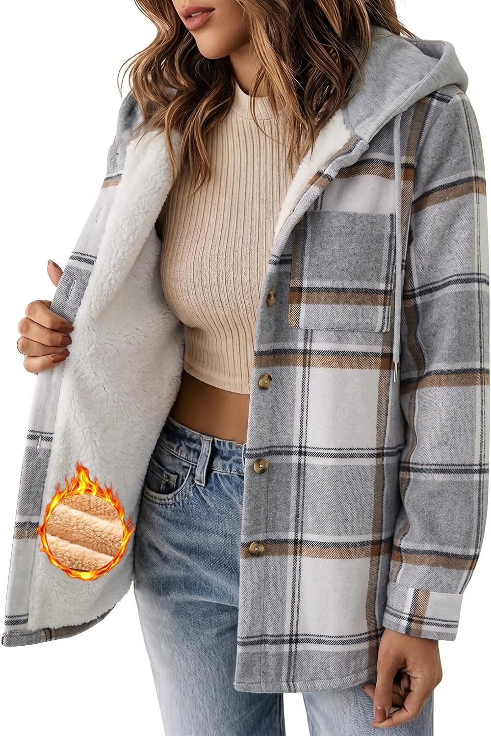 image:imageZeagoo Women Plaid Shacket Fleece Hooded Winter Coat Warm JacketsGrey02