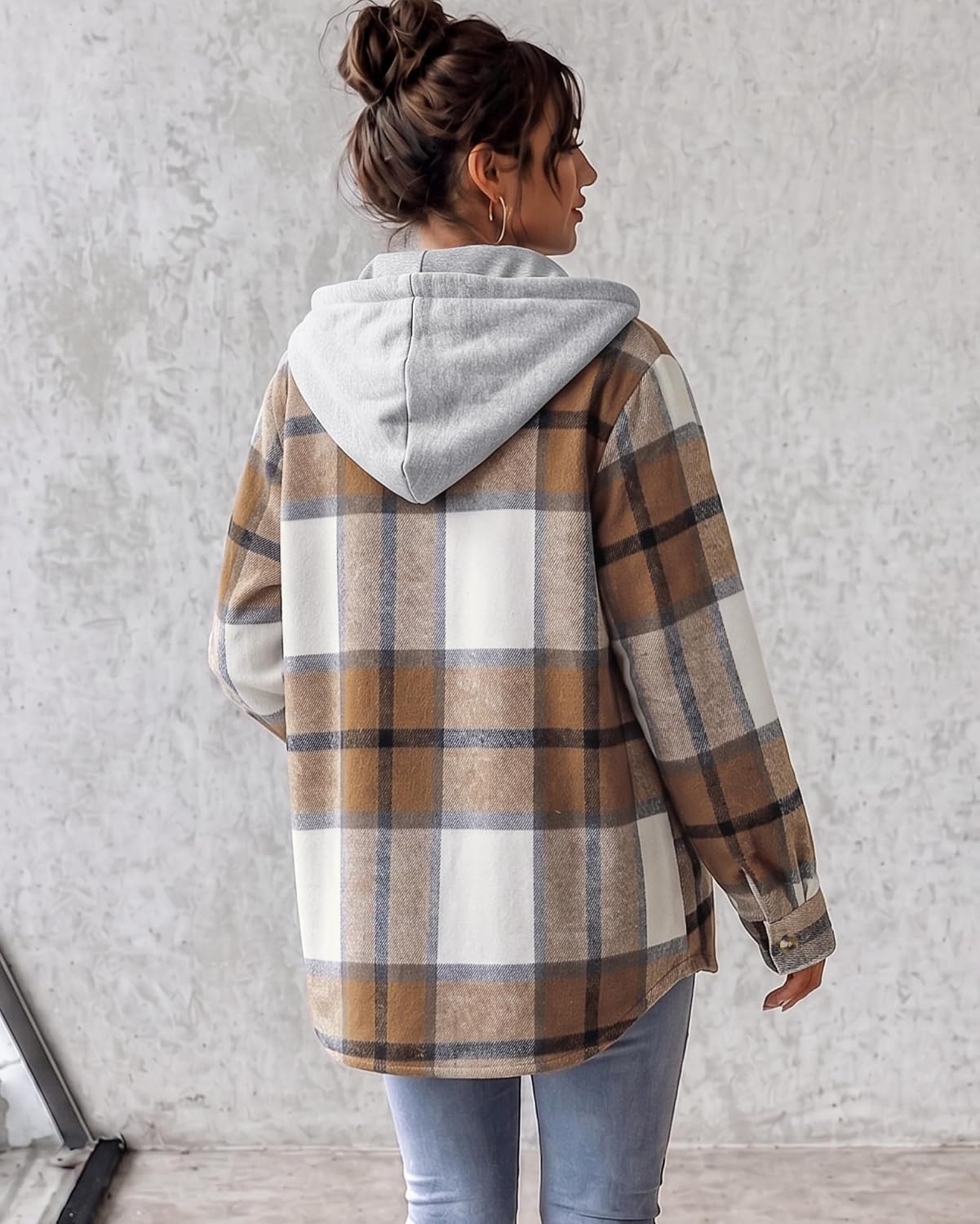 image:imageZeagoo Women Plaid Shacket Fleece Hooded Winter Coat Warm JacketsKhaki