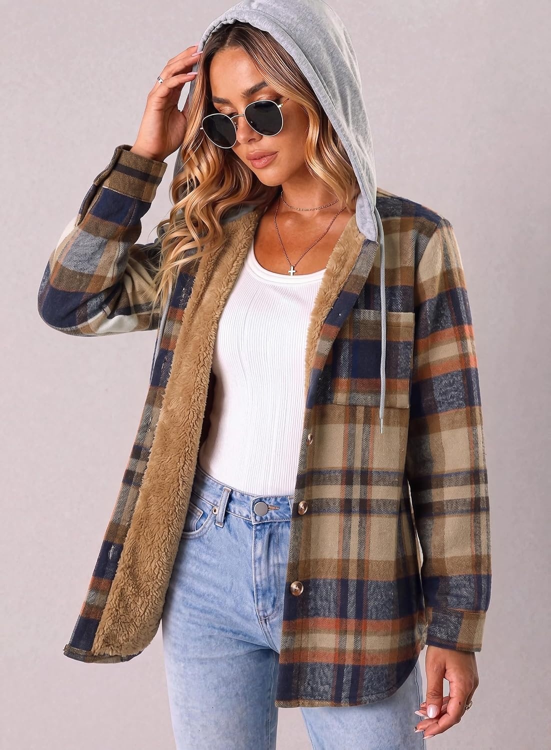 image:imageZeagoo Women Plaid Shacket Fleece Hooded Winter Coat Warm JacketsLight French Beige