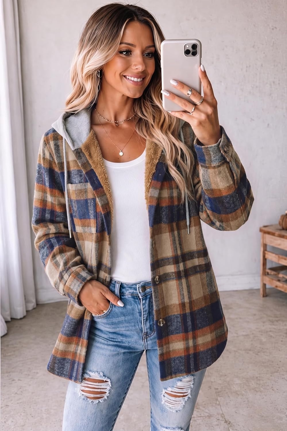 image:imageZeagoo Women Plaid Shacket Fleece Hooded Winter Coat Warm JacketsLight French Beige