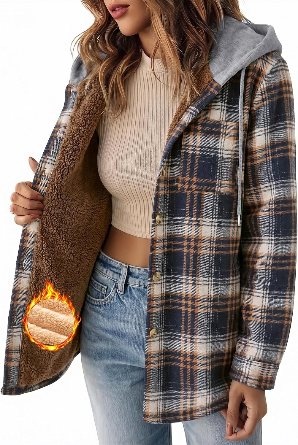 image:imageZeagoo Women Plaid Shacket Fleece Hooded Winter Coat Warm JacketsNavy Blue