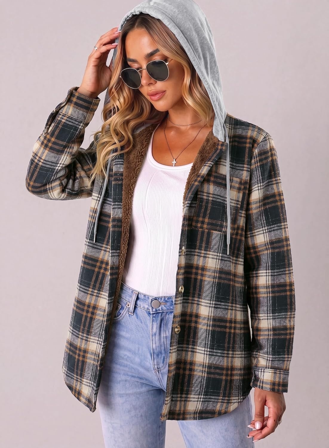 image:imageZeagoo Women Plaid Shacket Fleece Hooded Winter Coat Warm JacketsNavy Blue