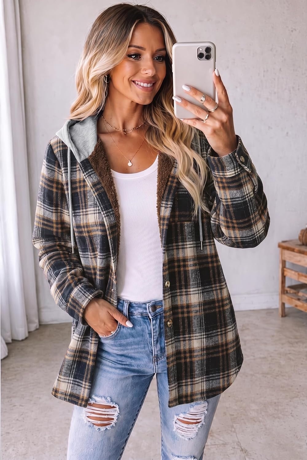 image:imageZeagoo Women Plaid Shacket Fleece Hooded Winter Coat Warm JacketsNavy Blue