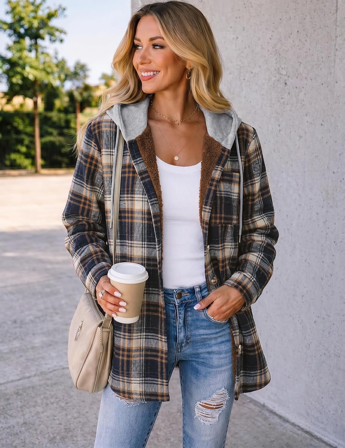 image:imageZeagoo Women Plaid Shacket Fleece Hooded Winter Coat Warm JacketsNavy Blue