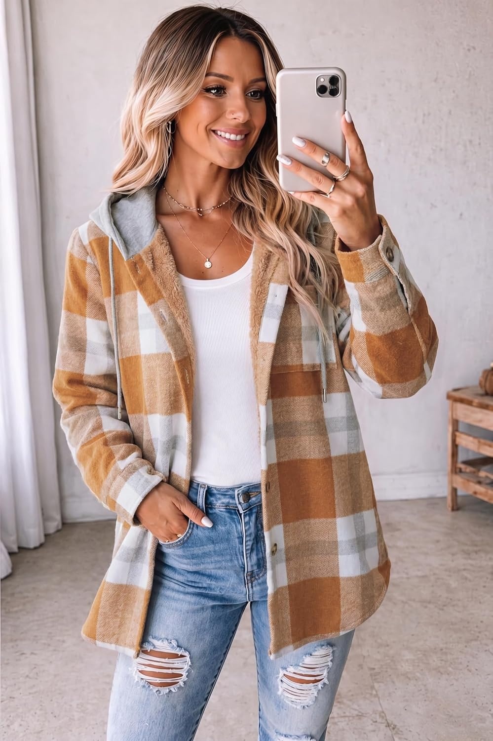 image:imageZeagoo Women Plaid Shacket Fleece Hooded Winter Coat Warm JacketsOrange