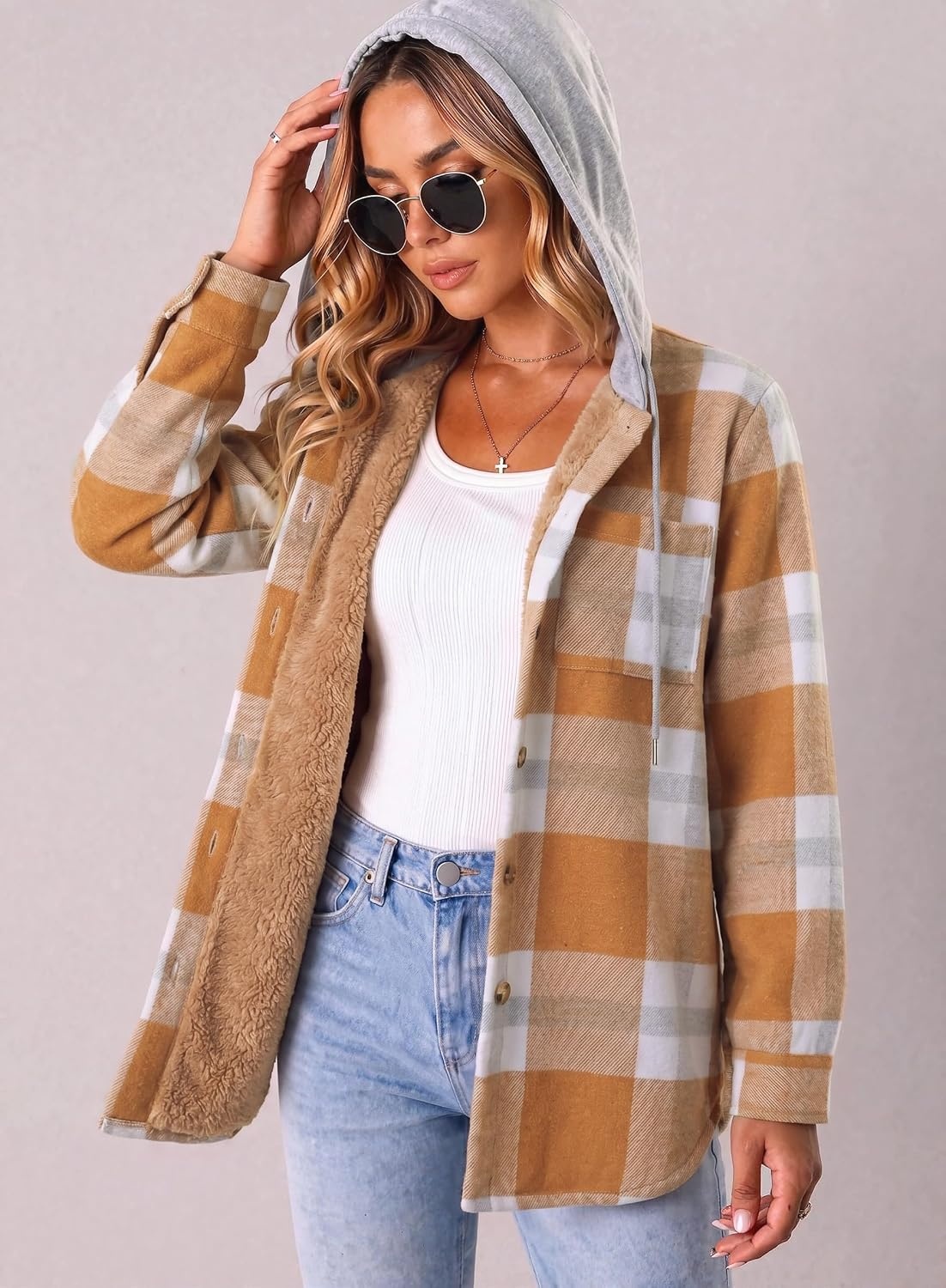 image:imageZeagoo Women Plaid Shacket Fleece Hooded Winter Coat Warm JacketsOrange