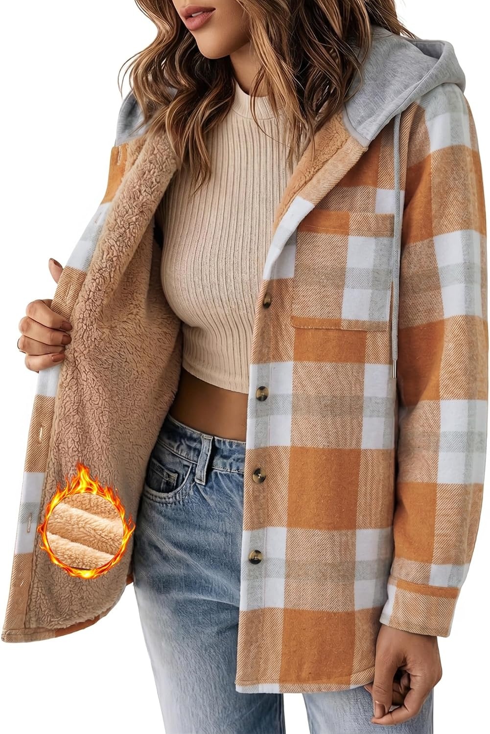 image:imageZeagoo Women Plaid Shacket Fleece Hooded Winter Coat Warm JacketsOrange