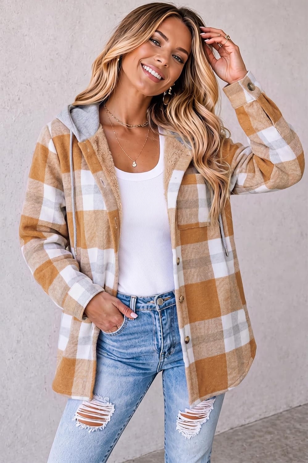 image:imageZeagoo Women Plaid Shacket Fleece Hooded Winter Coat Warm JacketsOrange