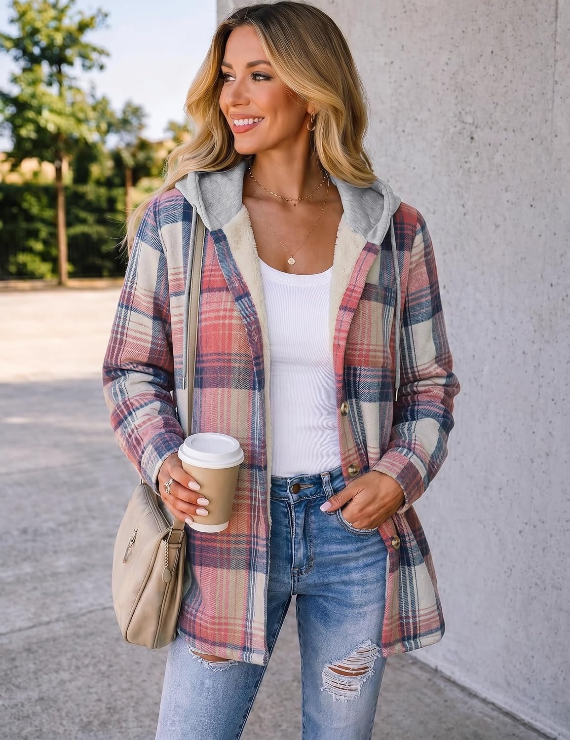 image:imageZeagoo Women Plaid Shacket Fleece Hooded Winter Coat Warm JacketsPink