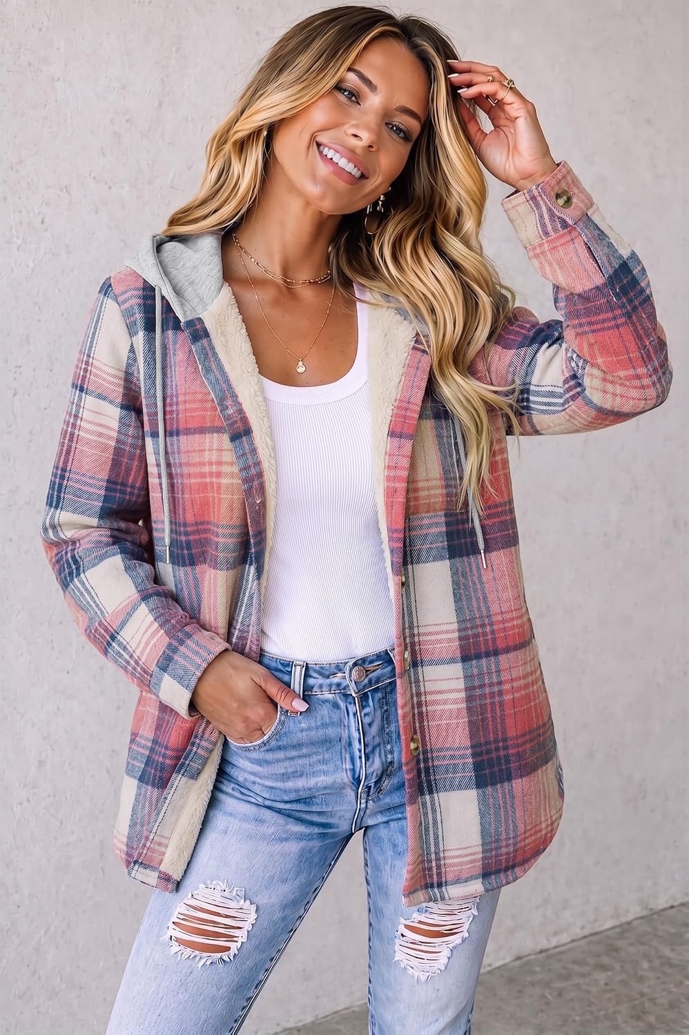 image:imageZeagoo Women Plaid Shacket Fleece Hooded Winter Coat Warm JacketsPink